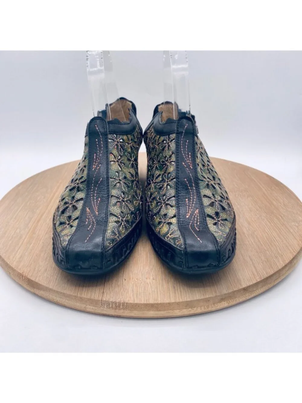 Pikolinos Shoes Womens 7.5 38 Black Green Leather Perforated Slingback Bootie